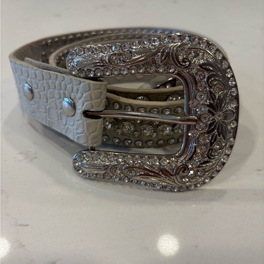 Rhinestone bedazzled white and silver belt